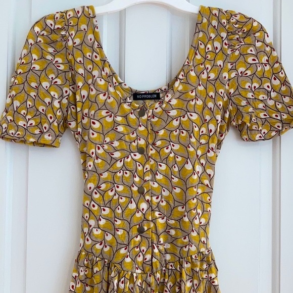 Gold Mini Romper Dress, gathered at shoulders & waist, Easy Front Opening - Picture 5 of 16